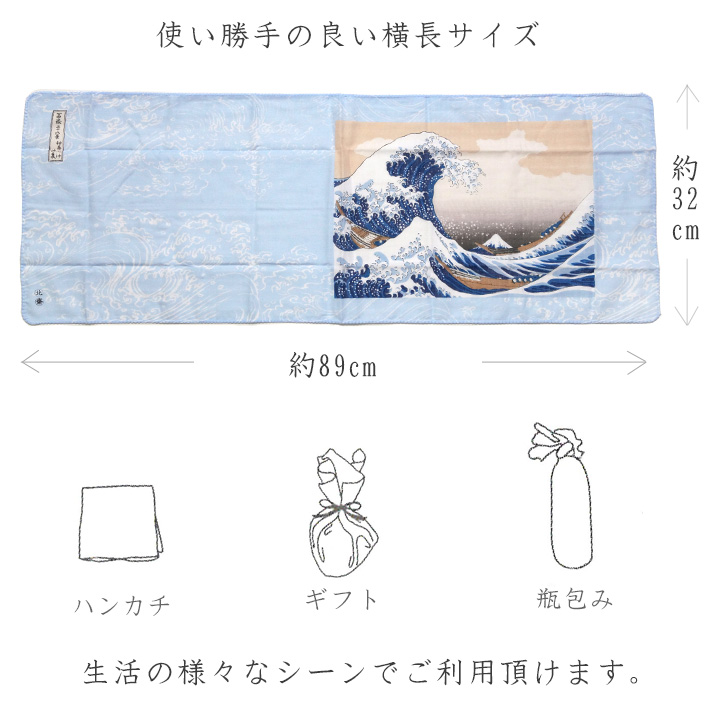 ふんわり柔らかい、葛飾北斎「神奈川沖浪裏」が描かれた手ぬぐい