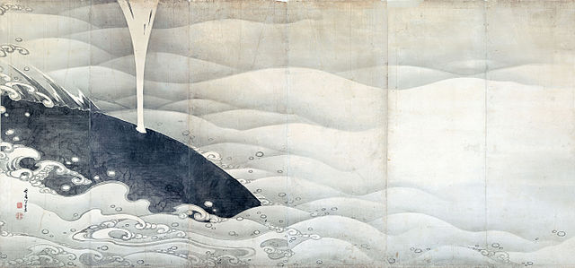 「象と鯨図屏風」の左隻にある鯨図