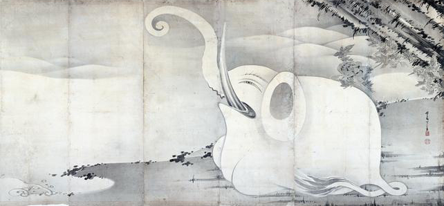 「象と鯨図屏風」の右隻の象図