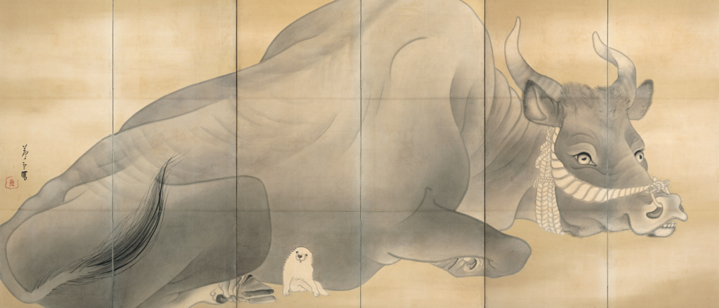 長沢芦雪が描く象と牛の不思議な屏風絵、「白象黒牛図屏風」