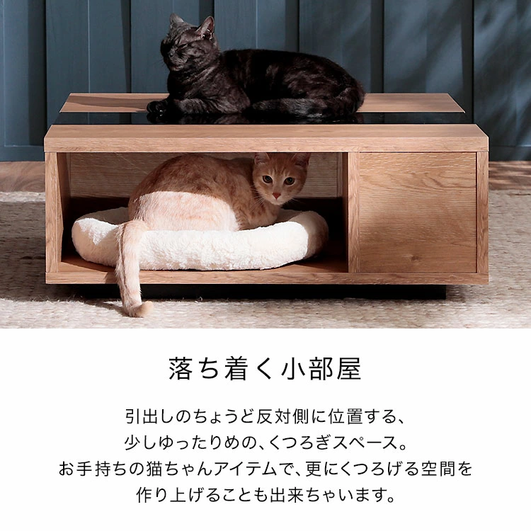 キャットハウス付きリビング用木製ローテーブル