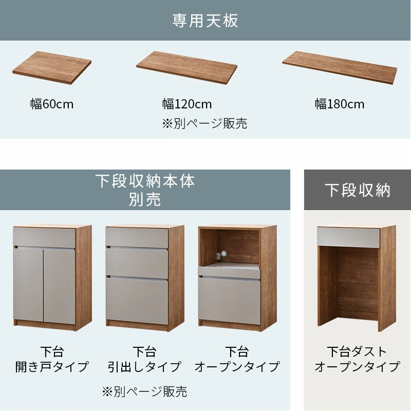 4つの収納、3つの天板を自由に組み合わせ
