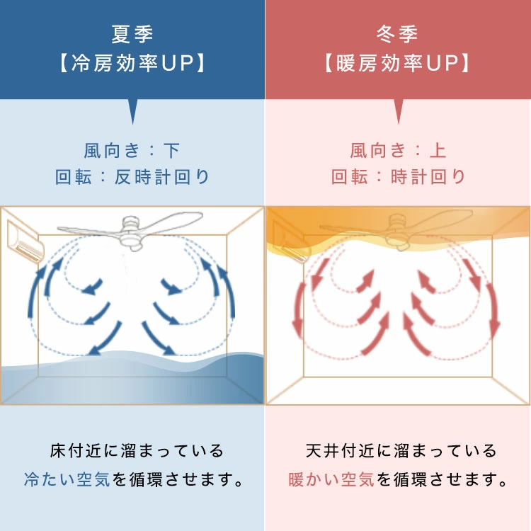 夏は、下向きの風で涼しい空気を作り出し、冬は、上向きの風で天井にたまりがちな暖気を循環