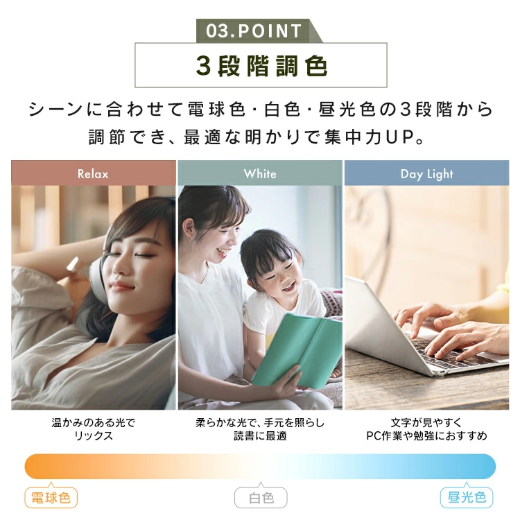 光の色を「昼光色・白色・電球色」の3段階で調色できる