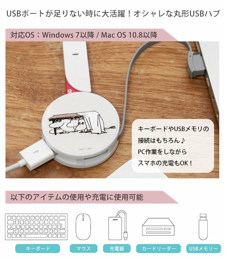 USBポート4つのムーミンラウンド型USBハブ