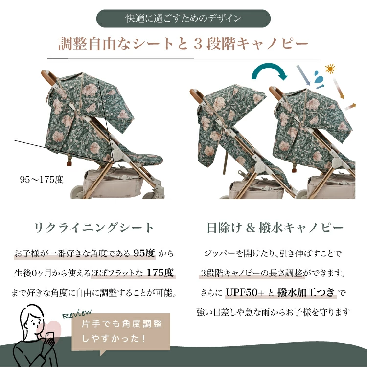 3段階調整できるキャノピーはUPF50+（紫外線保護指数最高値）なので強い日差しから赤ちゃんのデリケートな肌をしっかりと守ってくれます