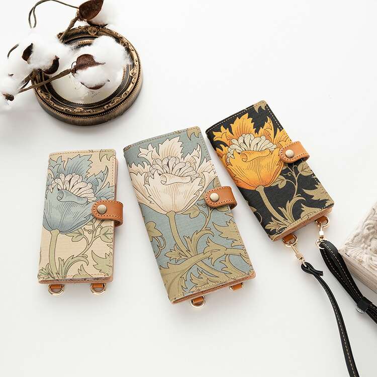 ウィリアムモリスの「アネモネ」柄でデザインされた高級感ある平織り素材の手帳型スマホケース