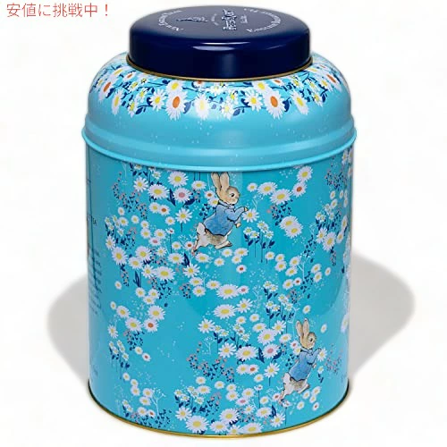 ピーターラビットがデイジー畑で遊ぶ姿がデザインされたレトロ感ある丸缶イングリッシュブレックファーストティーバッグ240個入り