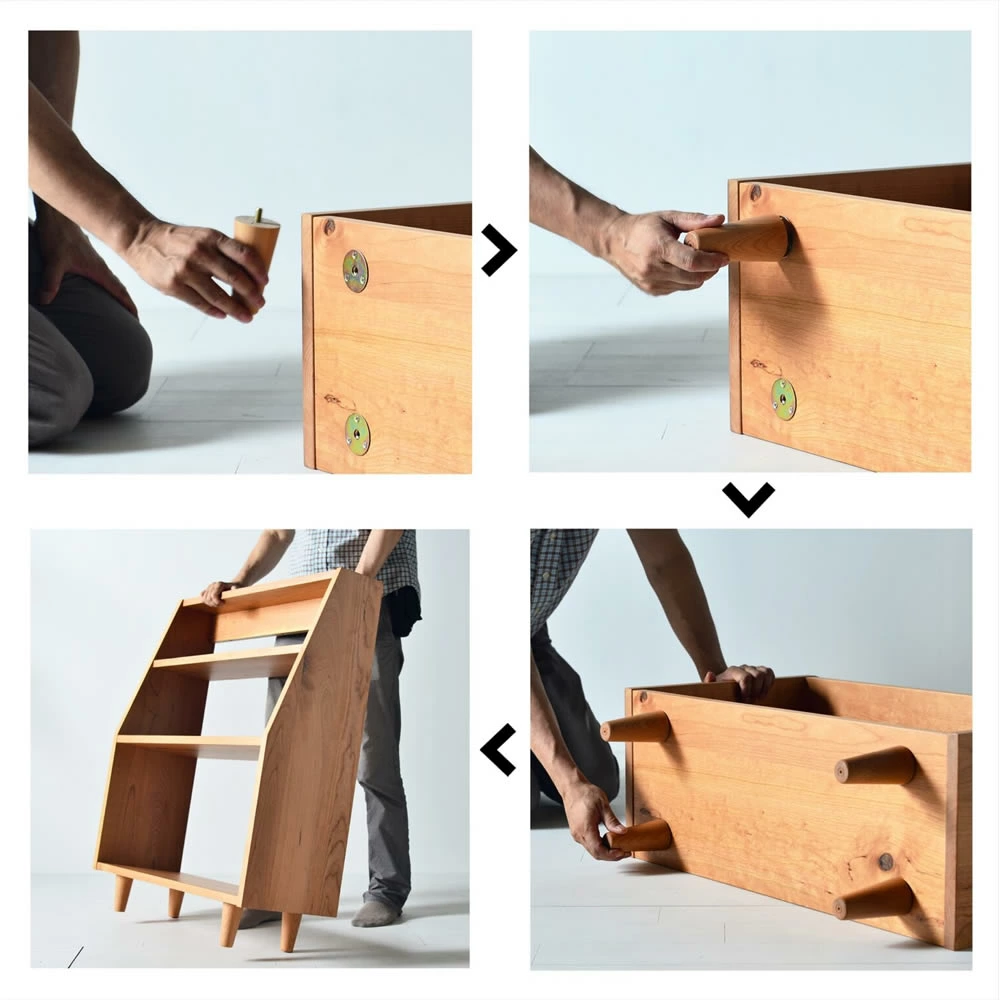 オープンマガジンラックのユニークな点は、中段から上が斜めにカットされている