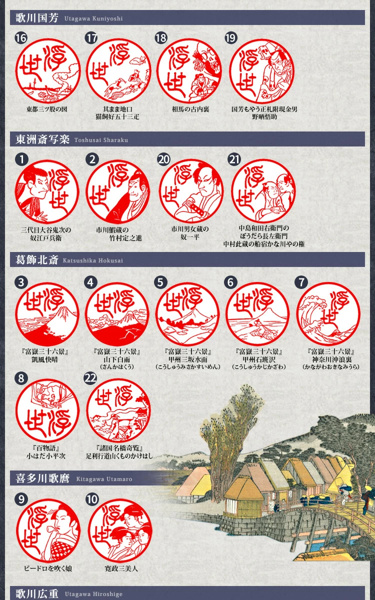 和アート印鑑<浮世絵図鑑>は美しく削られた浮世絵の代表作をハンコに意匠化