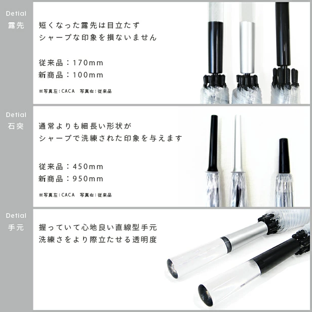 和傘である蛇の目傘を彷彿とさせる曲線の無いストレートな形状で且つ、透明な素材が使われているため全体的に軽やかでモダンな印象を与えます