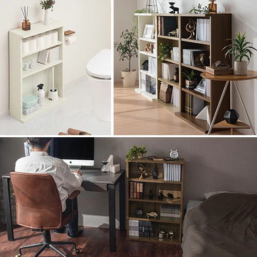 シンプルで汎用的、スリムで場所も取らない木目調の多目的収納棚