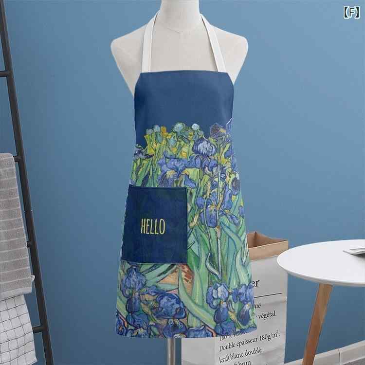 「ひまわり」や「アイリス」、「花咲くアーモンドの木の枝」などゴッホが描いた花の名画をデザインに取り入れた防汚防水エプロン